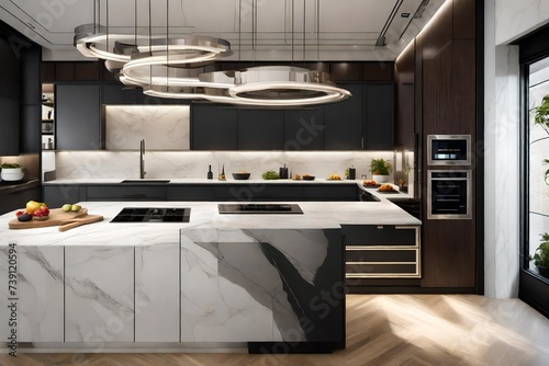 A high-tech smart kitchen with touchscreen appliances  automated cabinets  and integrated technology for a seamless cooking experience