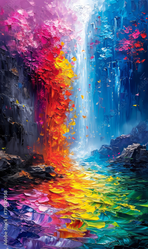 Fototapeta premium Abstract oil painting on canvas with blue lake as background. 