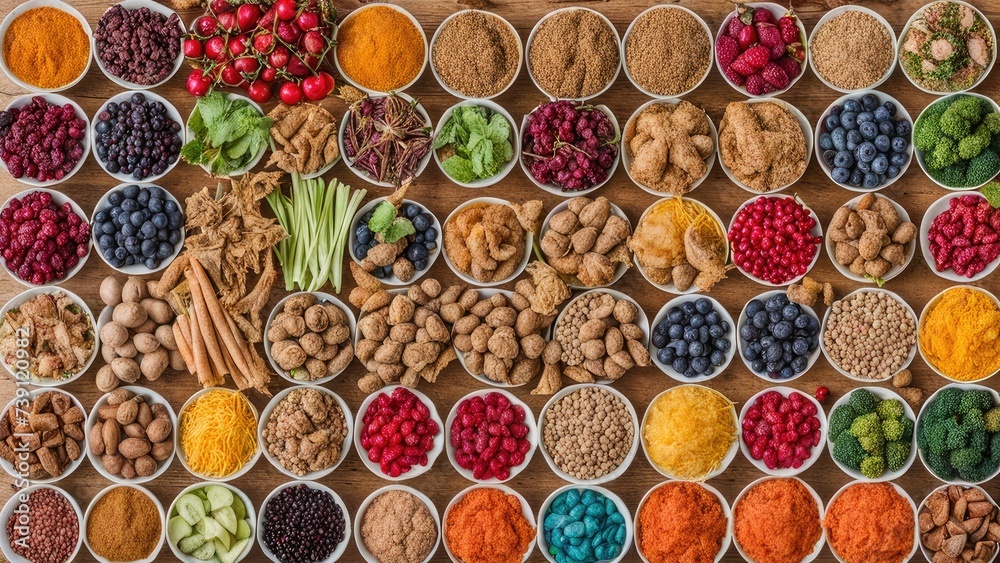 An array of vibrant spices and herbs arranged in small bowls on wood An array of vibrant spices and herbs arranged in small bowls on wood