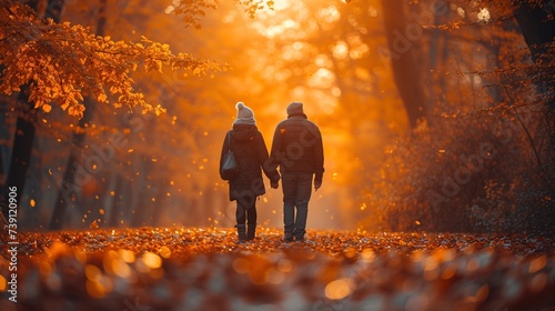 A pair strolling on a bright fall afternoon.