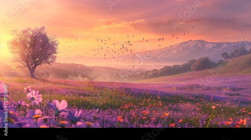 As dawn breaks on Mother's Day, a spectral meadow comes alive with the vibrant colors of spring, its rolling hills carpeted with a tapestry of wildflowers that stretch as far as the eye can see.