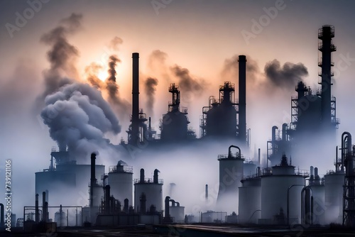 Dense fog settling over an oil refinery at dawn  with towering distillation towers and chimneys partially obscured  creating a mysterious atmosphere.