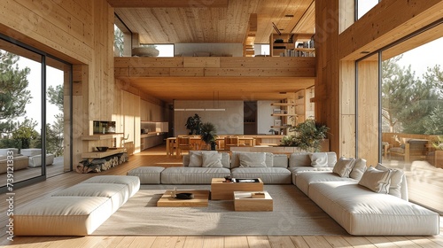 "Salon moderne avec intérieur chaleureux en bois"