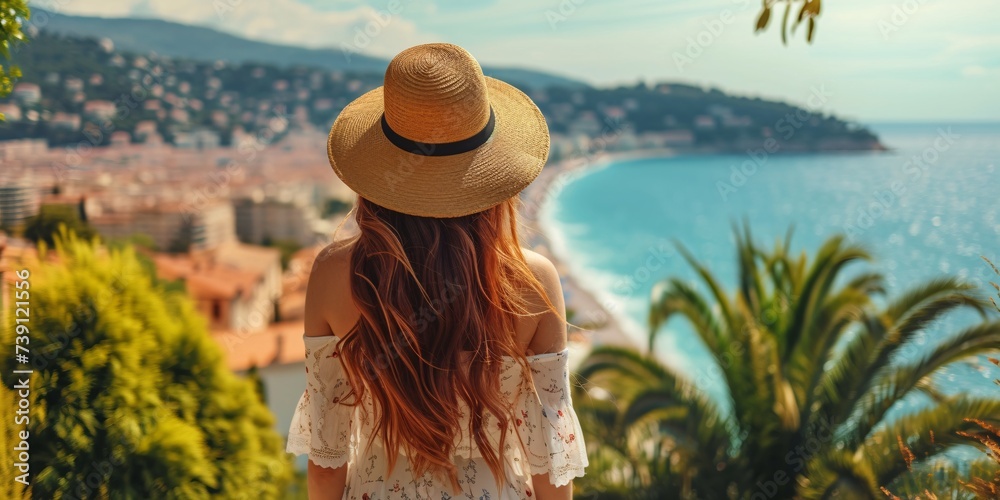 Stunning young lady admiring the city view of Nice, France while holding her hat.