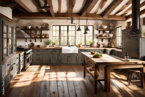 A rustic farmhouse kitchen with exposed wooden beams, open shelving, and a vintage-inspired stove. Sunlight streaming through the window enhances the cozy atmosphere
