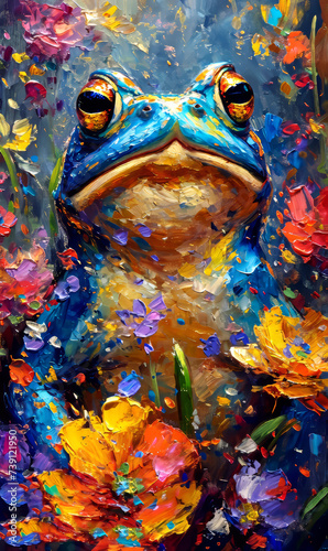Frog on the background of an oil painting. Digital painting. 