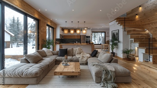 "Salon moderne avec intérieur chaleureux en bois"