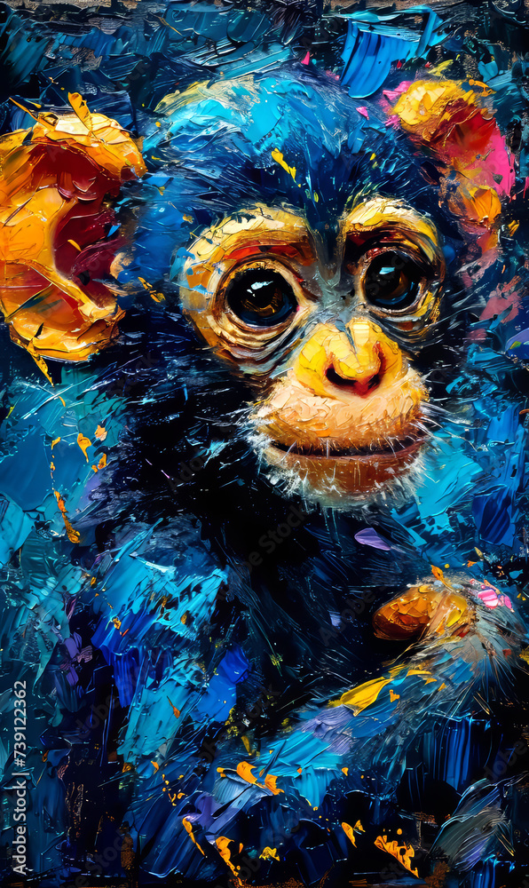 Chimpanzee oil color painting on a blue background with colorful splashes.