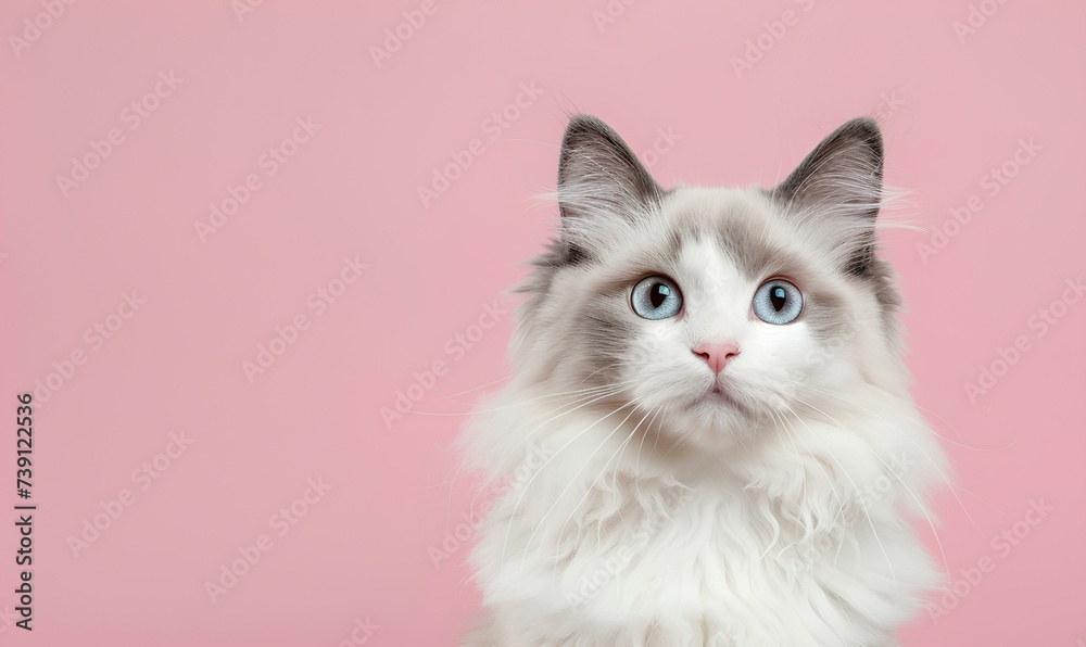 cute ragdoll cat, pink background. generative AI cute ragdoll cat, pink background. generative AI