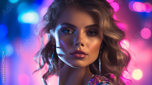 Glamorous Woman with Curly Hair and Sparkling Earrings, Neon Club Lights