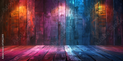 A wooden wall with a colorful background ,Vibrant Wood Texture Backdrop ,Rustic Wooden Panel with Colorful Backdrop