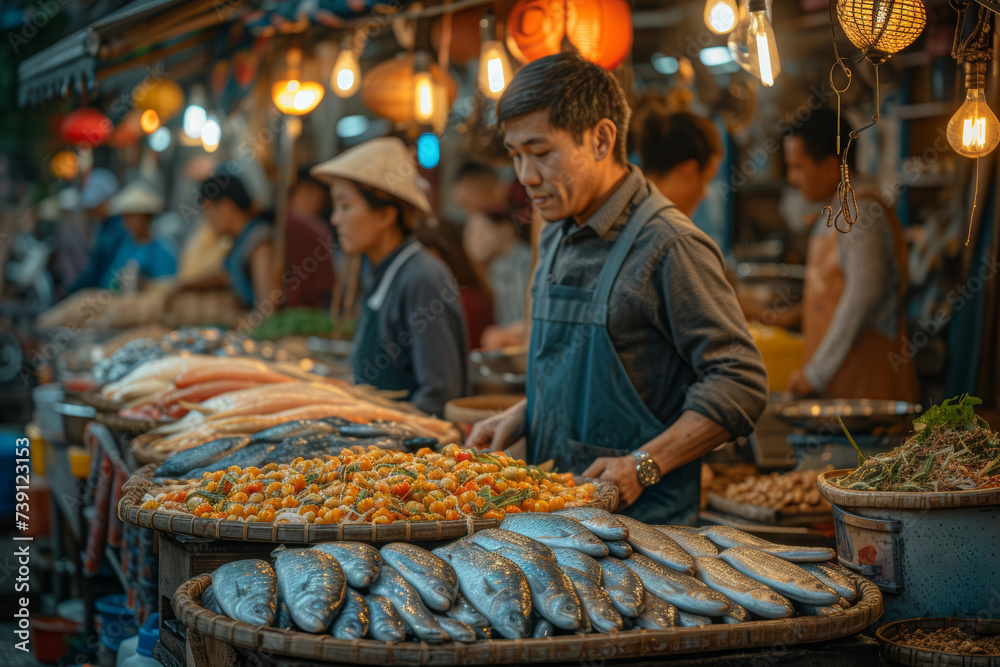 A bustling fisherman's market, where the day's fresh catch is showcased in a vibrant, lively atmosphere. Concept of culinary exploration. Generative Ai.