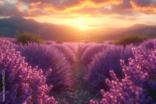A peaceful stroll through the lavender fields, where fragrant blooms stretch to the horizon, creating a sensory feast. Concept of aromatic landscapes. Generative Ai.