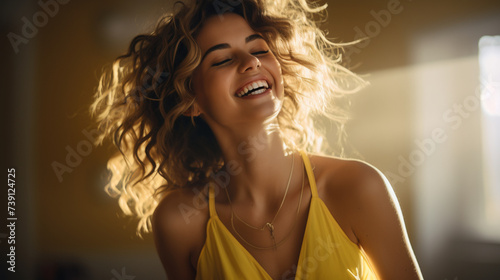 Joyful woman in yellow dress enjoying sunlight indoors