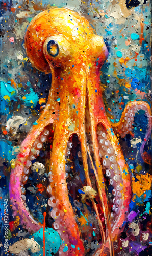 Colorful oil color painting of an orange octopus on a colorful background. 