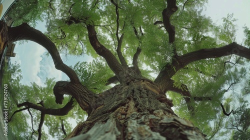 Large tree view from below. Closeup tree trunk with bark and branches with leaves. An unusual perspective on the forest and nature