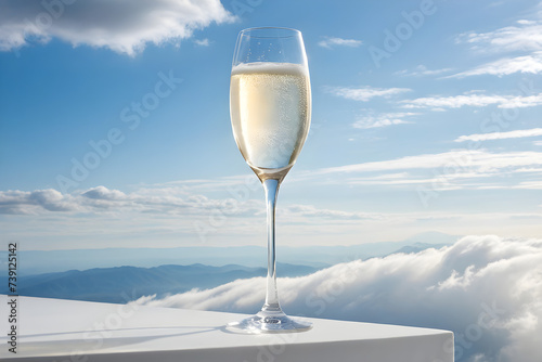 A champagne glass poised delicately against a backdrop of wispy clouds, casting subtle reflections that suggest a sunlit sky, champagne effervescence captured mid-ascent. Generative AI