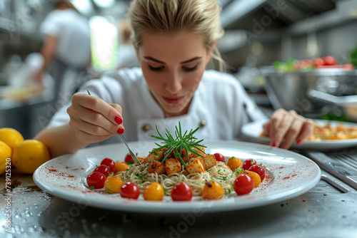 A woman chef passionately preparing a gourmet dish  showcasing culinary artistry and creativity in the kitchen. Concept of gastronomic excellence. Generative Ai.