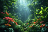 A lush tropical forest canopy, teeming with vibrant flora and fauna, capturing the essence of biodiversity and ecological harmony. Concept of thriving ecosystems. Generative Ai.