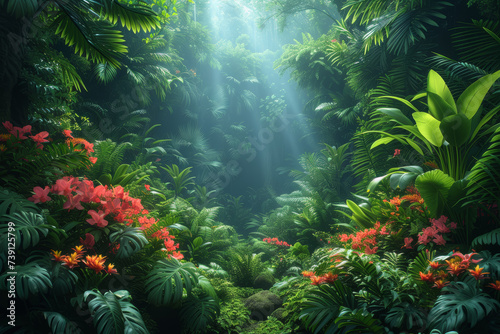 A lush tropical forest canopy, teeming with vibrant flora and fauna, capturing the essence of biodiversity and ecological harmony. Concept of thriving ecosystems. Generative Ai.