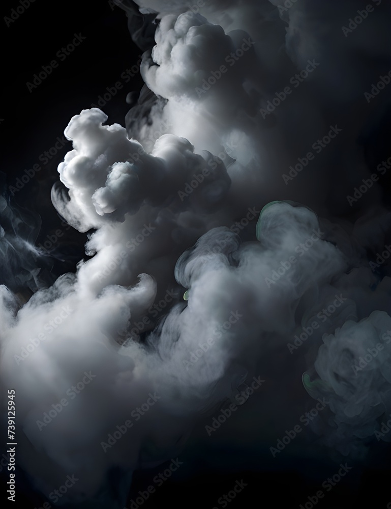 Cloudiness, mist or smog moves on black background. Beautiful swirling smoke. Mockup for your logo. Wide angle horizontal wallpaper or web banner. Generative AI