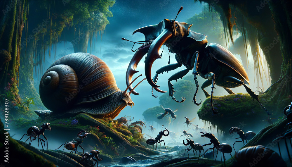 A fantasy scene with a giant snail and stag beetle in an enchanted ...