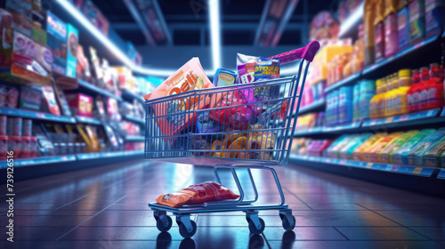 Shopping in supermarket by supermarket cart in motion blur photo