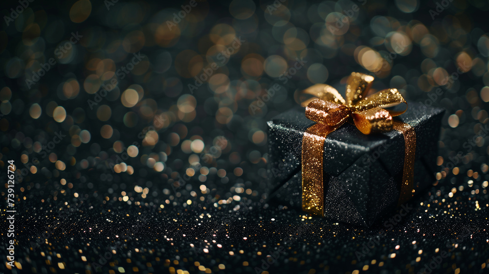 Elegant gift box on a glittering black background Elegant gift box on a glittering black background