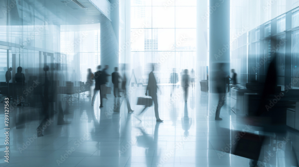 Employees in a contemporary office space. In a modern office setting with dynamic motion blur, business professionals collaborate in a shared workspace