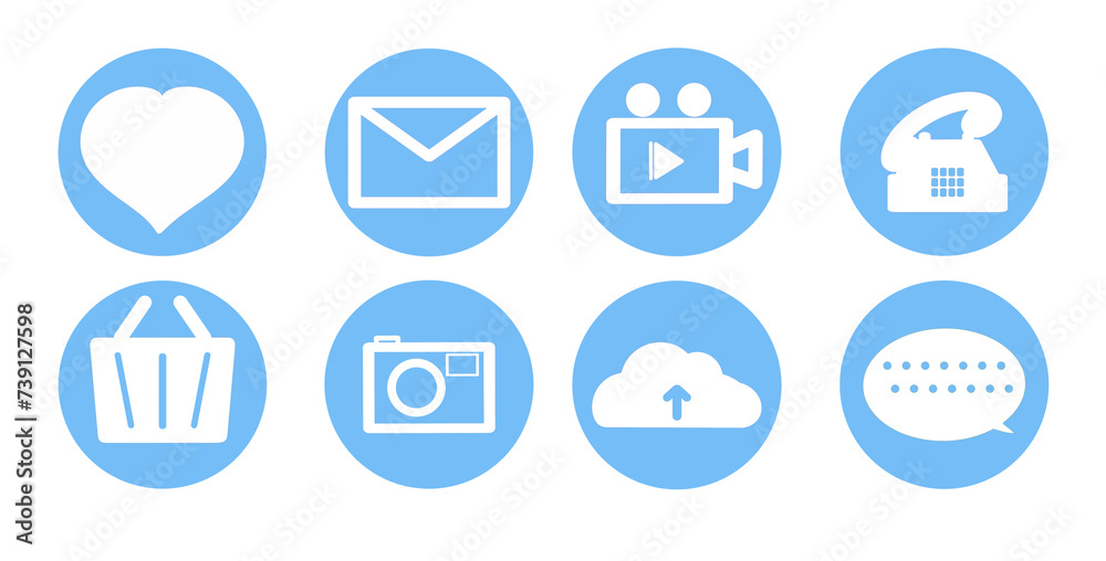 communication icon button set in blue color transparency PNG