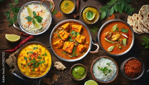 Assorted various Indian food on a dark rustic background. Traditional Indian dishes Chicken