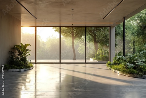 Modern contemporary empty hall with nature view 3d render overlooking the living room behind the room has concrete floors  plank ceilings and blank white walls for copy space  sunlight enter the room.