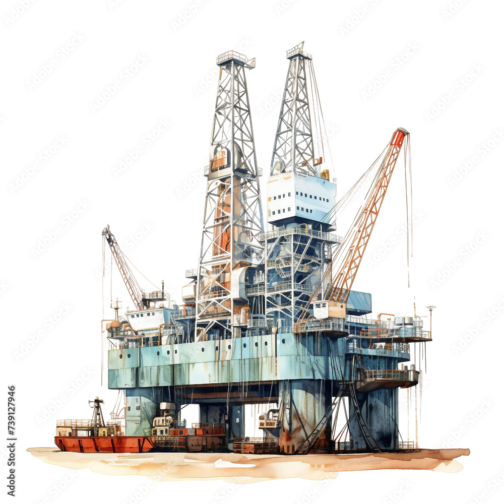 Watercolor drilling rig isolated on a white background