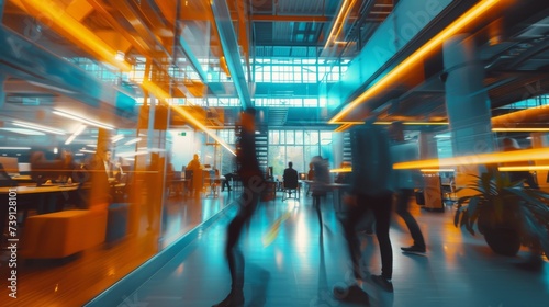 Employees in a contemporary office space. In a modern office setting with dynamic motion blur, business professionals collaborate in a shared workspace