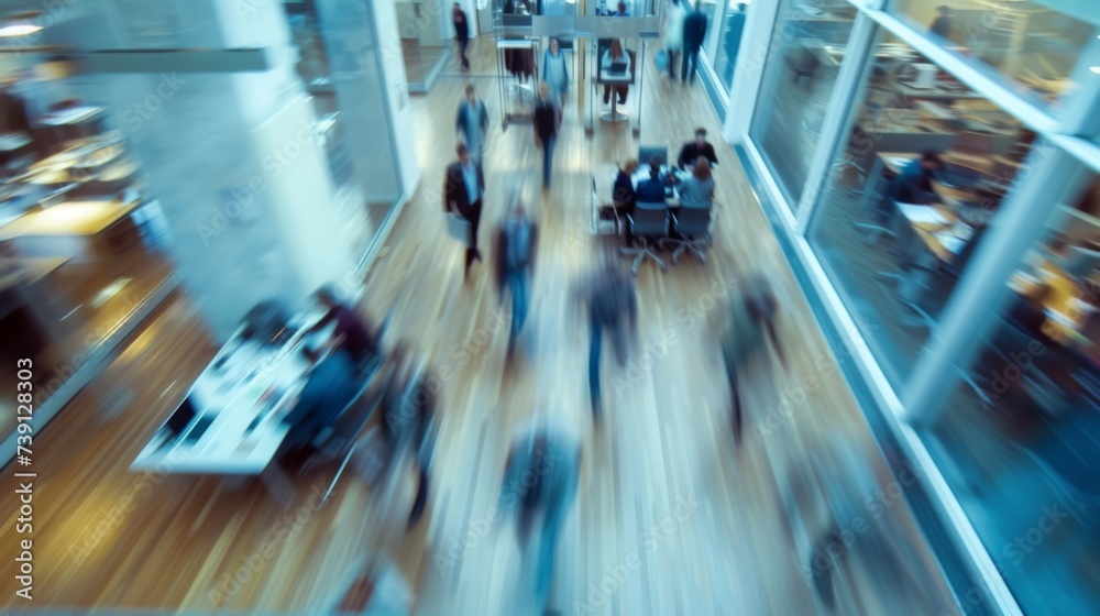Obraz premium Employees in a contemporary office space. In a modern office setting with dynamic motion blur, business professionals collaborate in a shared workspace