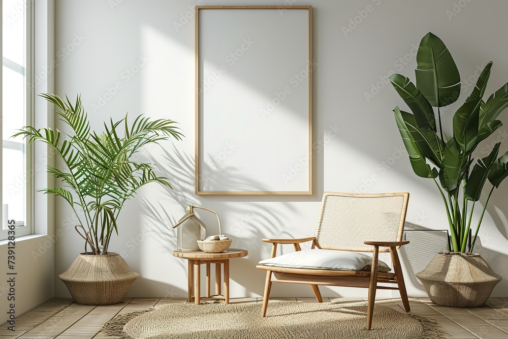 Modern living room with chair and table, Frame mockup