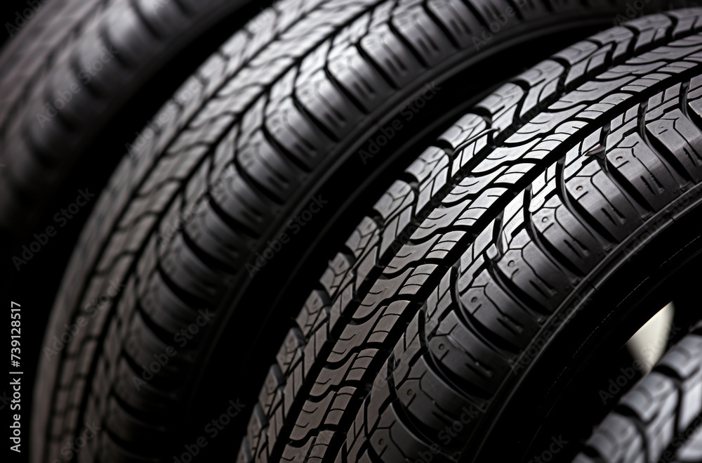 New car tire. Road wheel on dark background. Summer Tire with asymmetric tread design. Driving car concept New car tire. Road wheel on dark background. Summer Tire with asymmetric tread design. Driving car concept