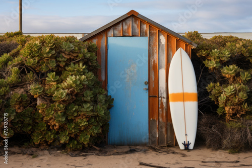 Surfboards and beach bathing cabins photo