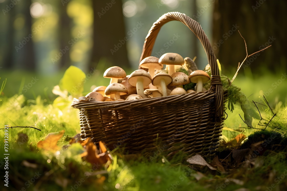 Mushrooms in a forest collected in a basket Mushrooms in a forest collected in a basket
