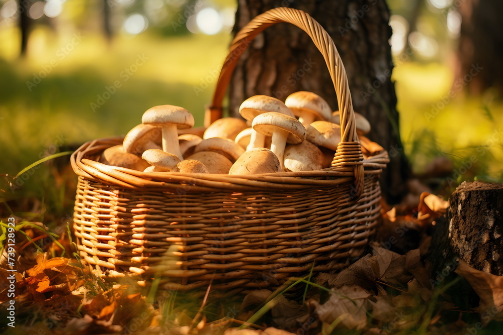 Mushrooms in a forest collected in a basket Mushrooms in a forest collected in a basket