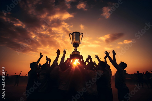 A group of people holding up a trophy at sunset