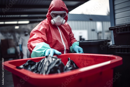 A man in a gas-mask collecting toxic garbage in a bag photo