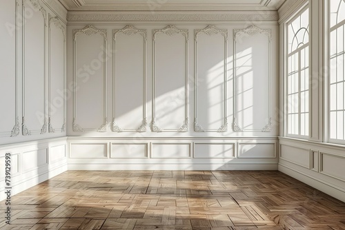 White wall with classic style mouldings and wooden floor  empty room interior