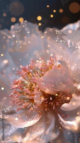 Swirling Stardust: Peony's macro bloom dances with golden and silver particles, creating a celestial spectacle.
