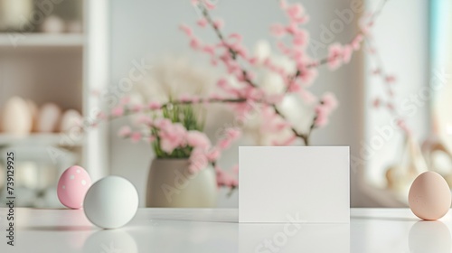 Easter decor concept. Minimalistic card mockup with easter eggs decor in the background. © Pro Hi-Res