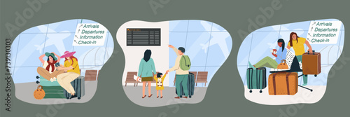 Set of vector flat hand drawn illustrations of scenes of happy passengers in the airport waiting room with luggage, departures board, airport scenes.