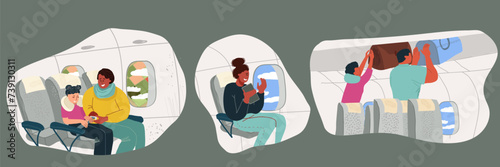 Set of vector flat hand drawn scenes of happy passengers on an airplane with gadgets, woman fastening a child with a seat belt, passengers packing luggage.