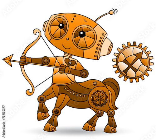 Illustration in the style of a stained glass window with a zodiac signs Sagittarius, figure isolated on a white background, tone brown photo