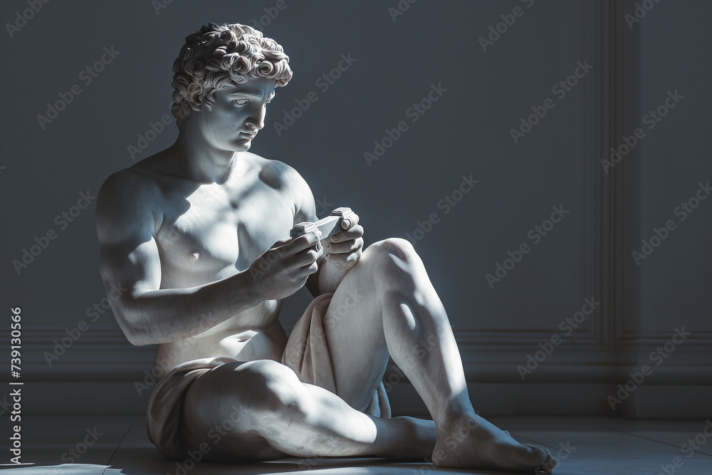 Fototapeta Antique marble sculpture with gamepad. Greek statue holding a joystick playing a video game. Gaming concept, modern digital entertainment and ancient art. Modern technology, game addiction