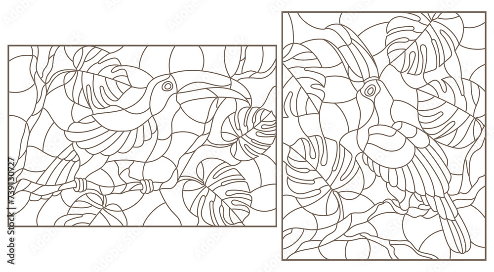 Set contour illustrations with birds toucans on branches of a tropical tree , a dark outline on a white background